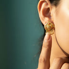Fan Shield Granule Ruby Meenakari Gold Bead Drop Earrings