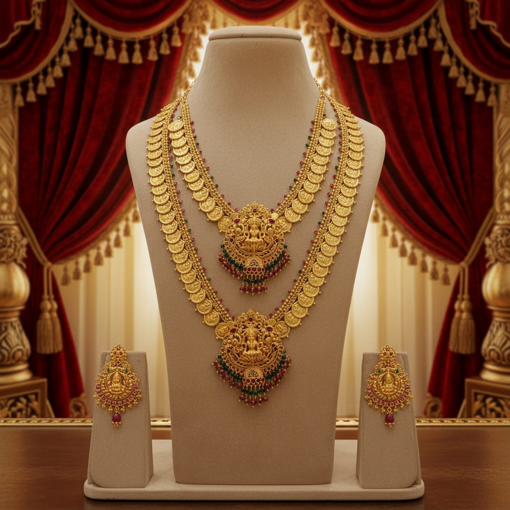 Lakshmi Kasu Mala Dual Necklace Combo Set with Earrings