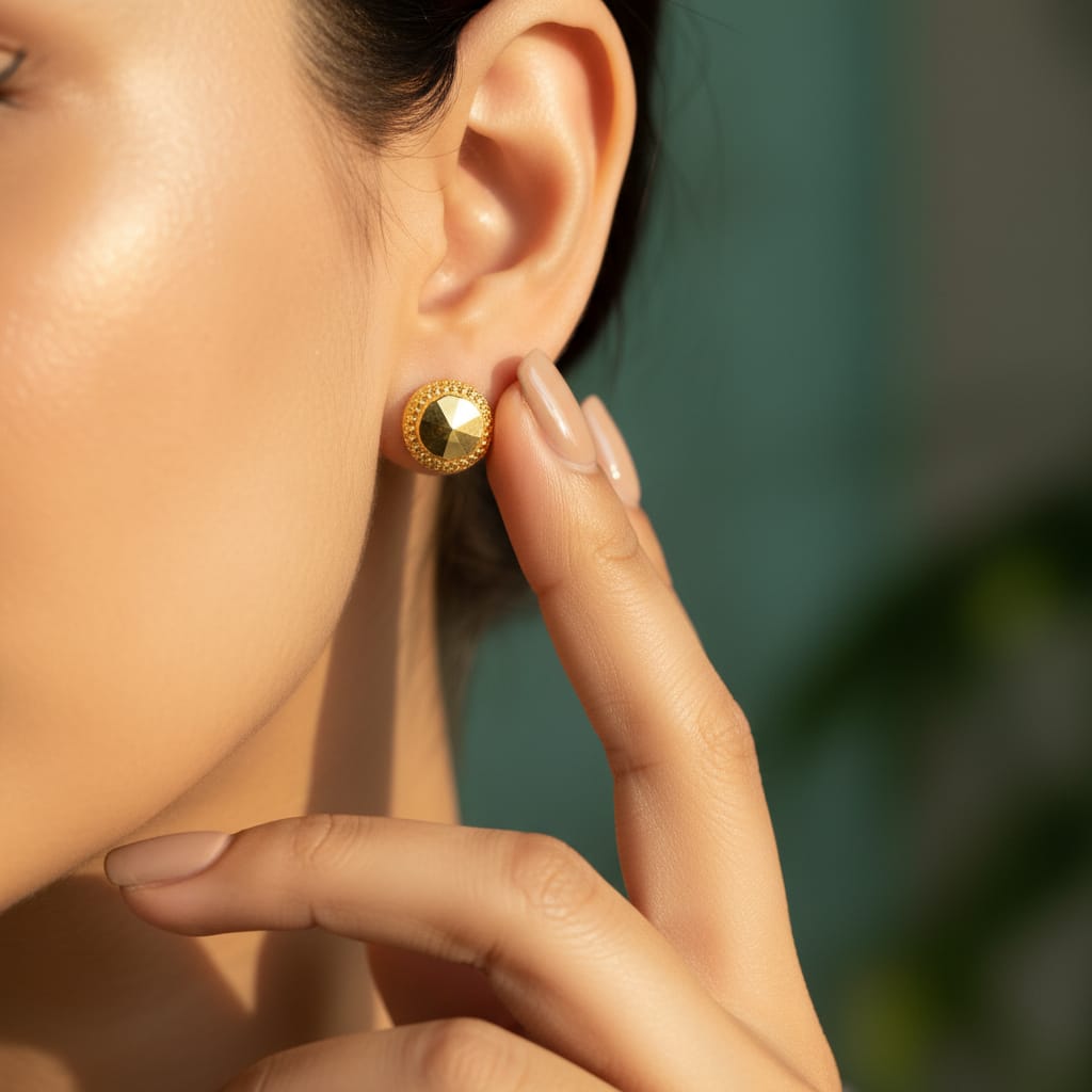 Large Faceted Gold Dome Stud Earrings 