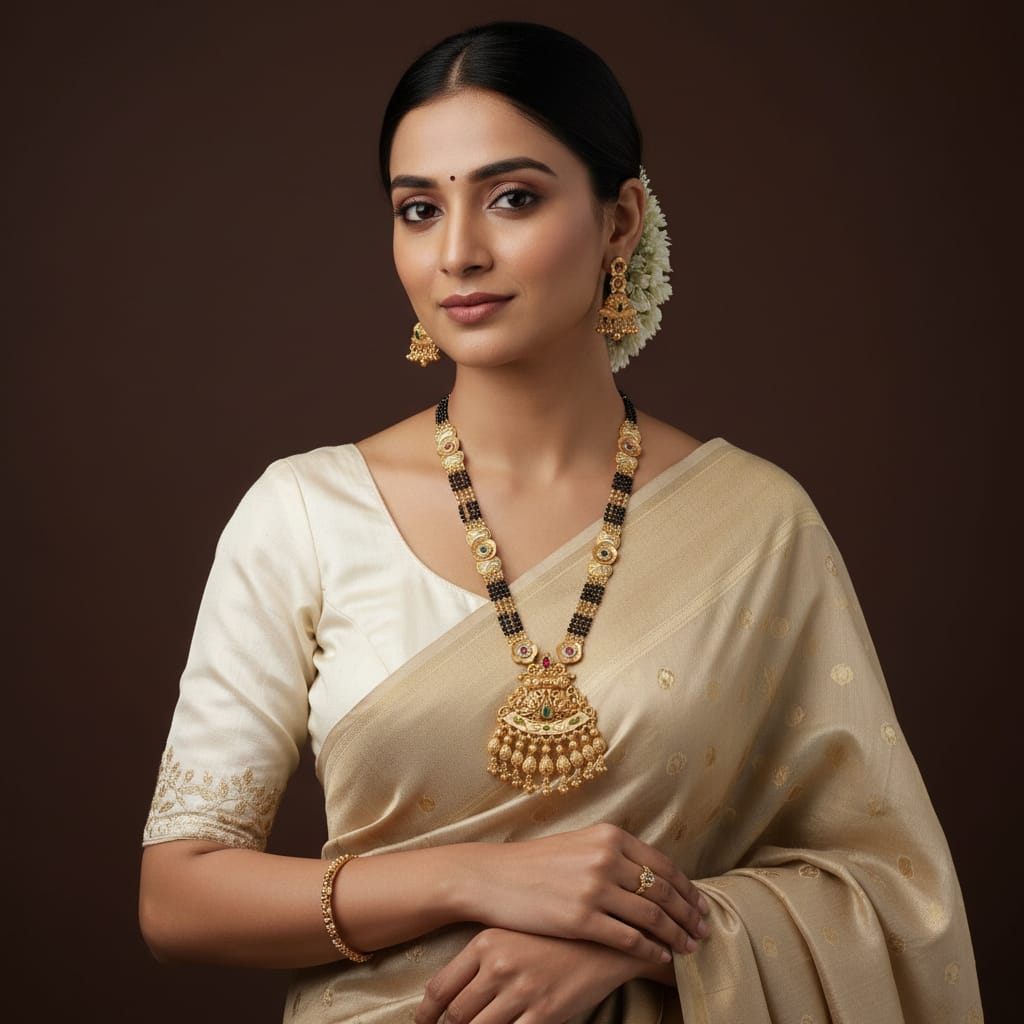 Long Mangalsutra Chain Set with Lakshmi Pendant Earrings