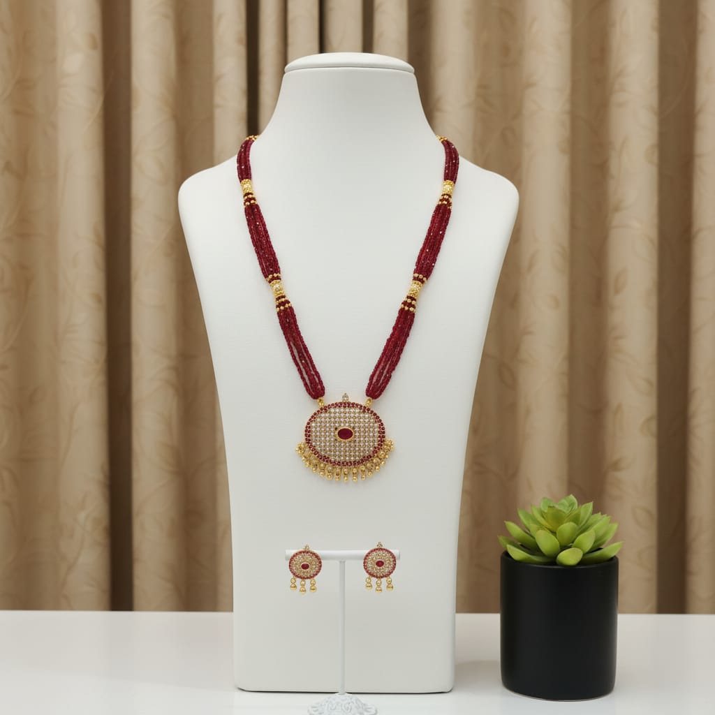  Maroon Beaded Long Necklace Set 