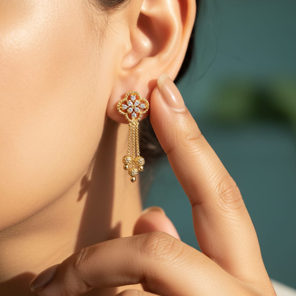 Marquise CZ Gold Bead Chain Tassel Earrings
