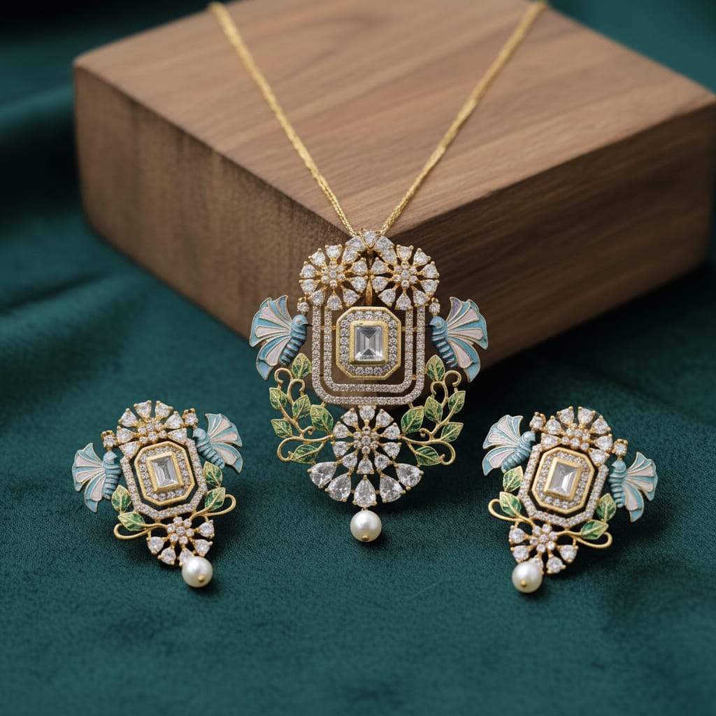 Meenakari CZ Floral Pendant Set & Earrings