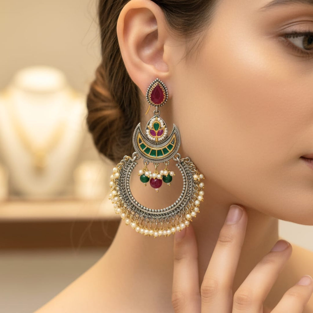 Meenakari Chandbali Earrings with Pearl Tassels