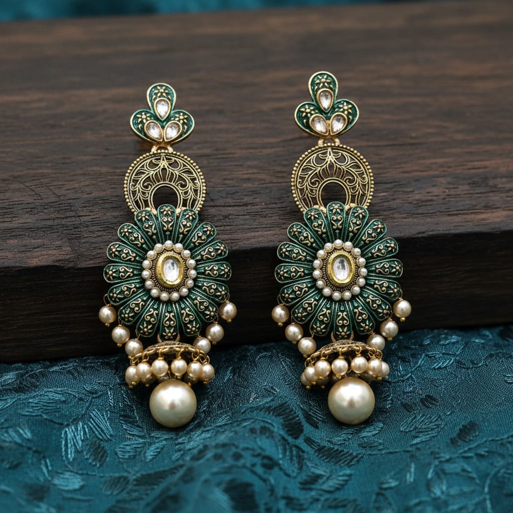Meenakari Emerald Green Chandbali Dangle Earrings