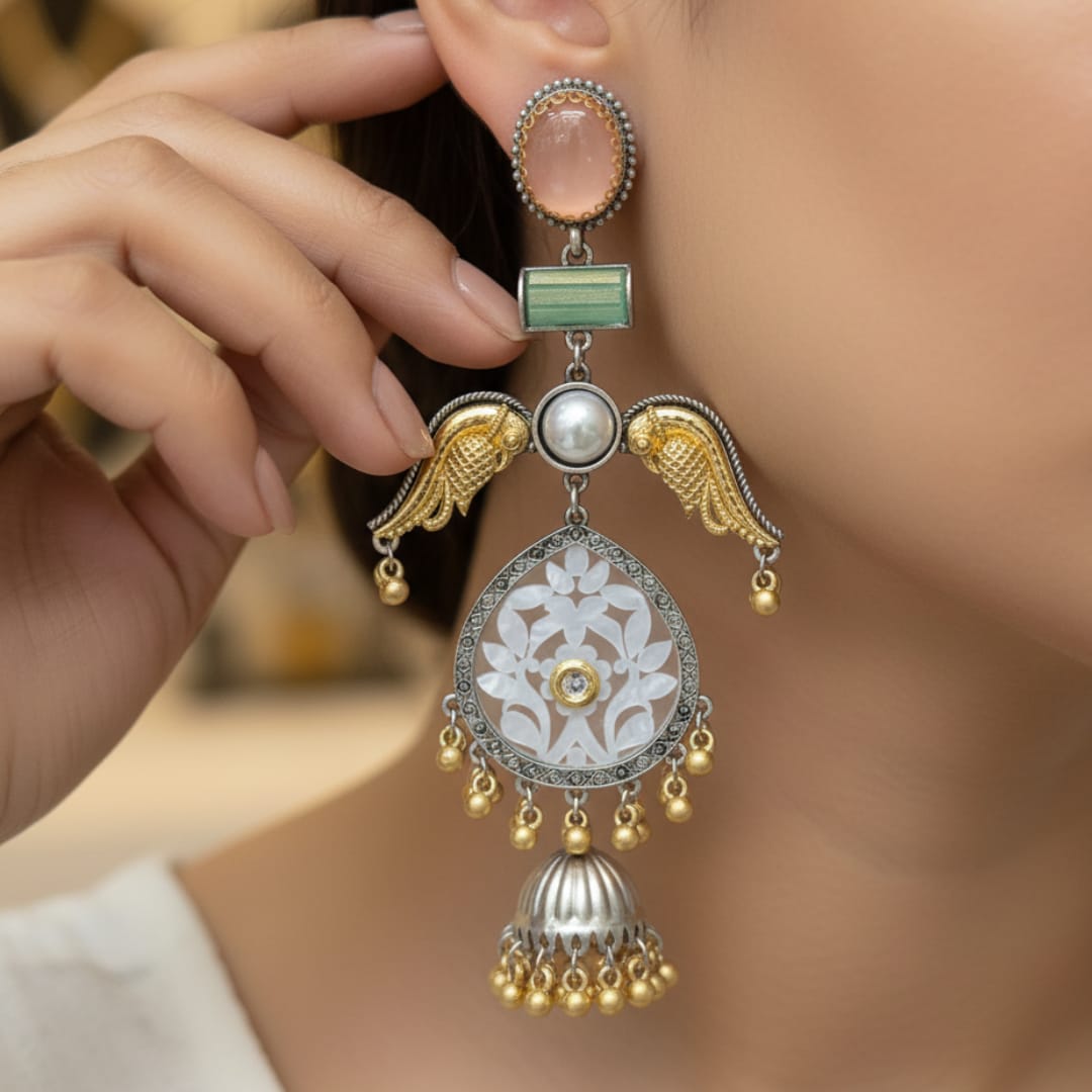 Meenakari Jhumki Earrings with Peach Moonstone