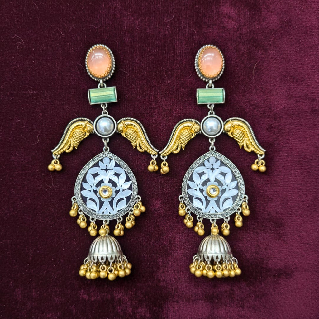 Meenakari Jhumki Earrings with Peach Moonstone
