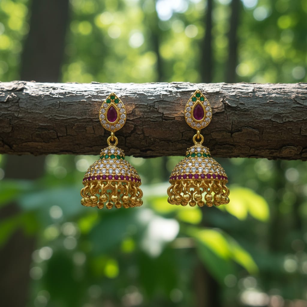 Micro Gold Jhumki with Ruby & Emerald CZ
