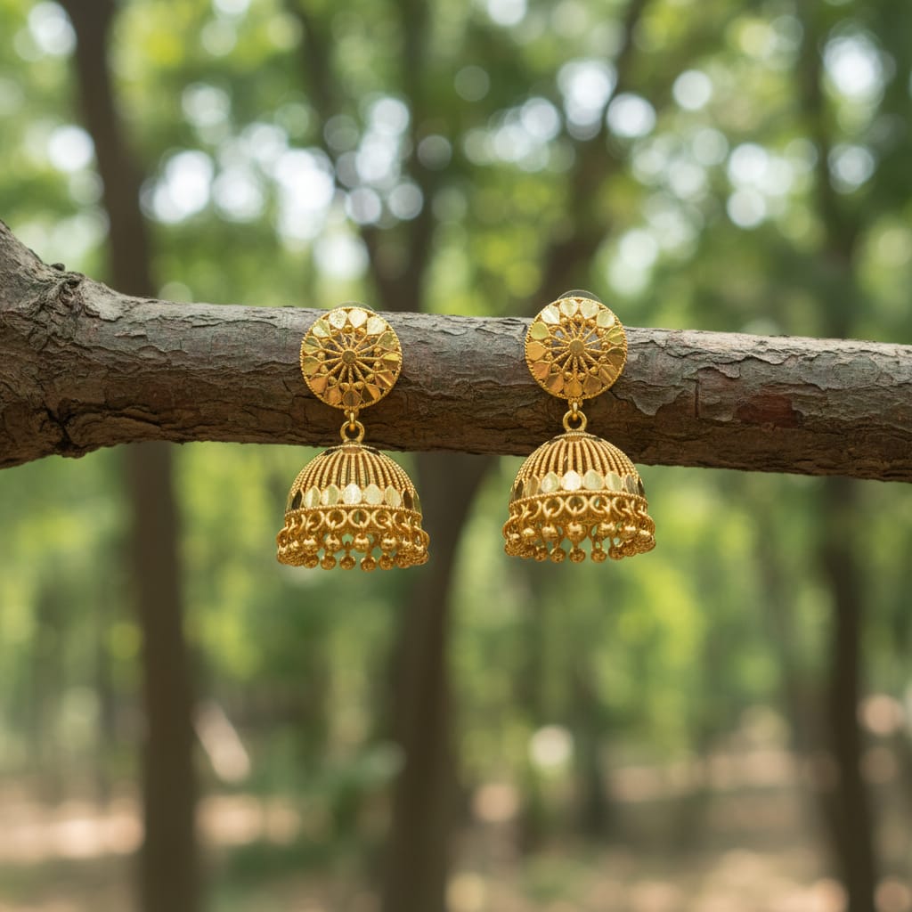 Micro Gold Plain Jhumki with Sunburst Stud