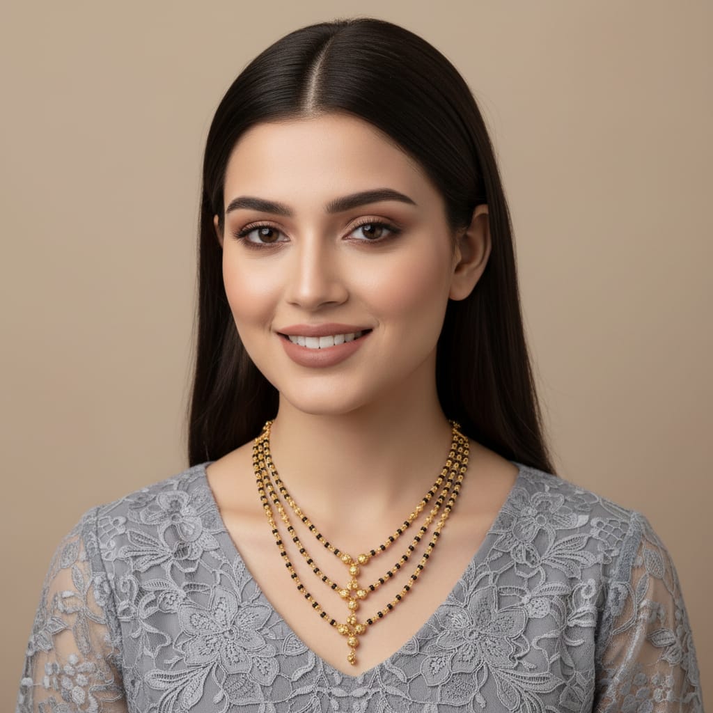 Micro Gold Plated 3-Layer Black Bead Mangalsutra