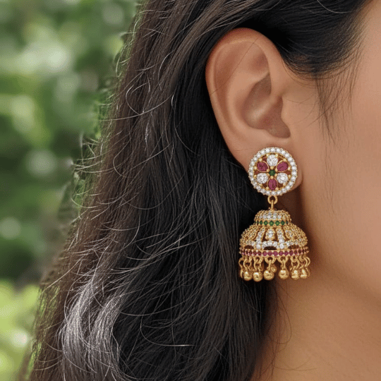 Micro Gold Plated CZ Ruby & Emerald Jhumka Earring