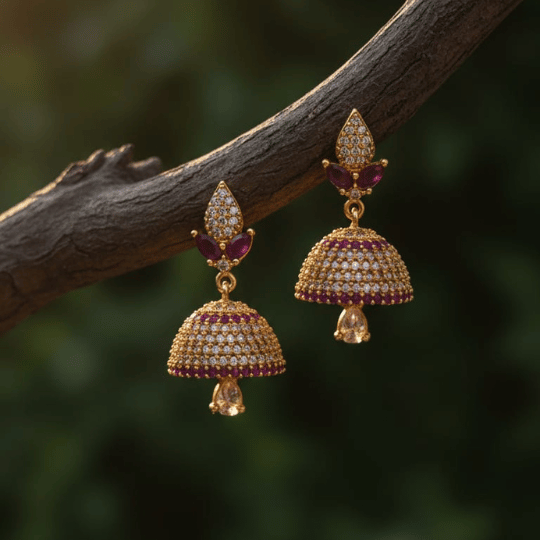 Micro Gold Plated CZ & Ruby Jhumka Earrings