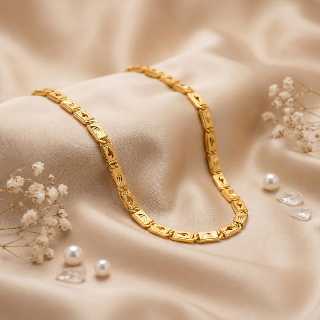 Micro Gold Plated Engraved Navette Link Chain
