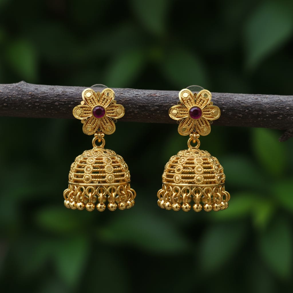 Micro Gold Plated Flower Jhumka with Ruby