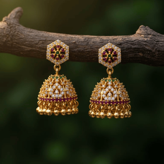 Micro Gold Plated Hexagonal CZ Kemp Jhumka Earrings