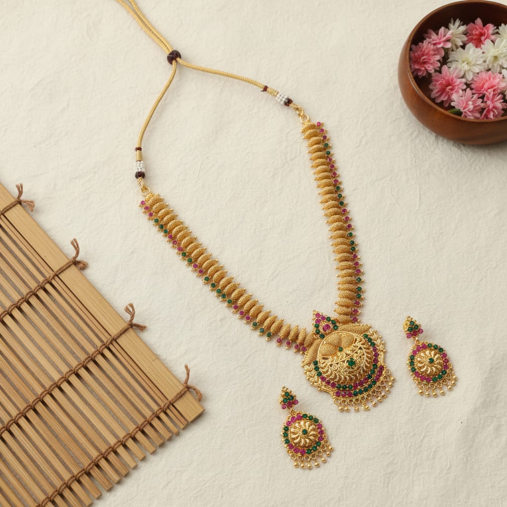 Micro Gold Plated Peacock Temple Long Chain Set with Earrings