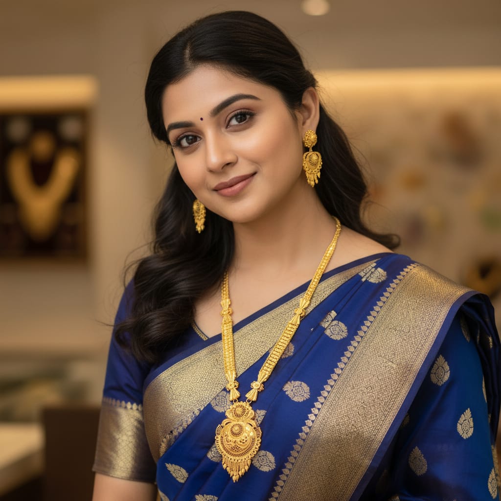 Micro Gold Plated Ranihaar Chain Set with Domed Floral Pendant & Earrings