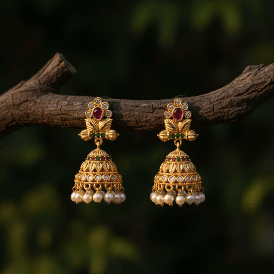 Micro Gold Plated Ruby & Pearl Jhumka