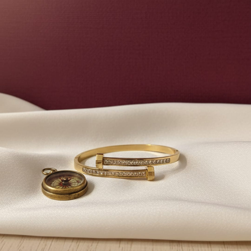 Nail Bolt Double-Row Crystal Gold-Tone Bangle