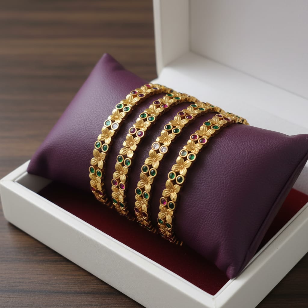 One Gram Gold Matte Floral Bangles