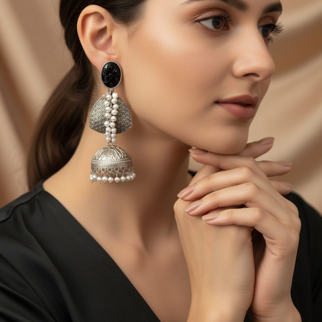 Oxidised Silver Black Onyx Jhumka Earrings with Pearl Drops