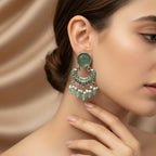 Oxidised Silver Chandbali Earrings with Carved Glass Top