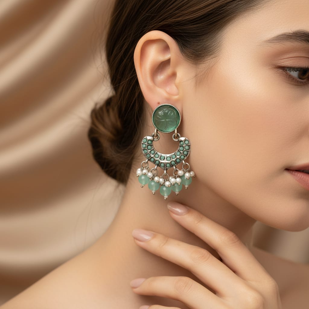 Oxidised Silver Chandbali Earrings with Carved Glass Top