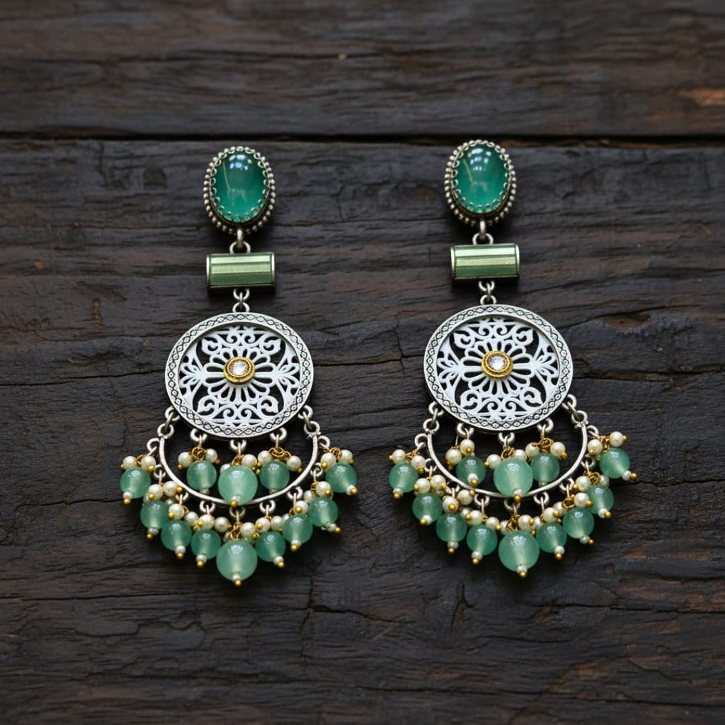 Oxidised Silver Filigree Chandbali Earrings with Green Onyx