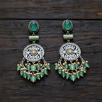 Oxidised Silver Filigree Chandbali Earrings with Green Onyx
