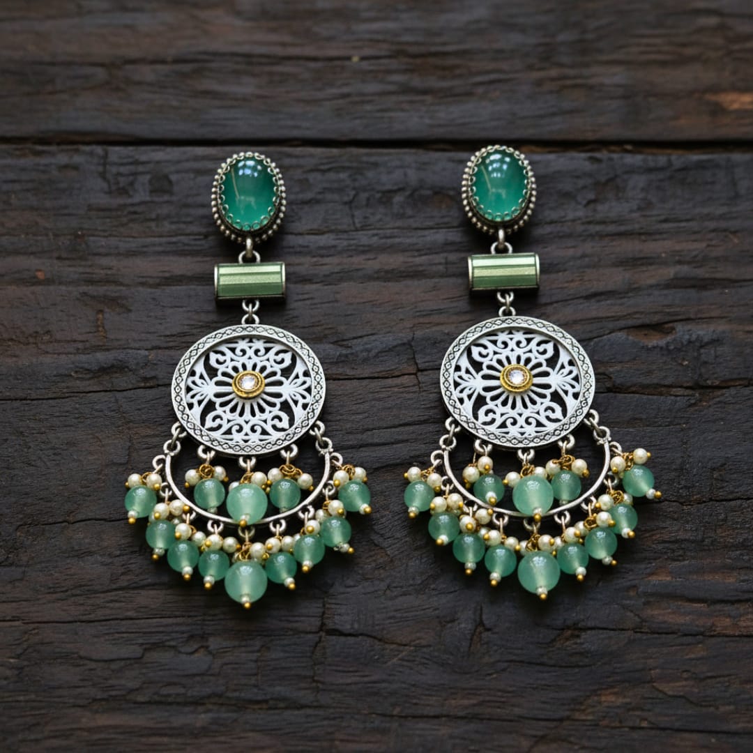 Oxidised Silver Filigree Chandbali Earrings with Green Onyx