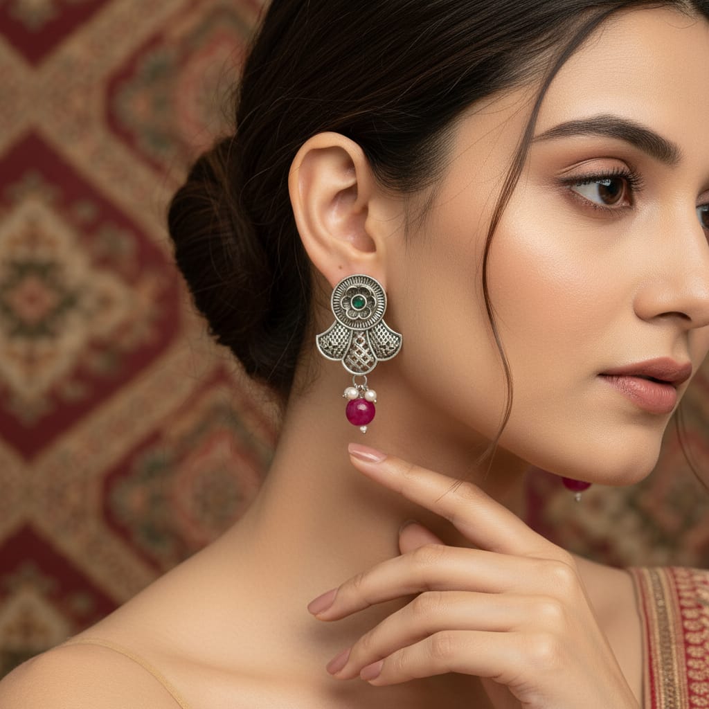 Oxidised Silver Floral Fan Drop Earrings