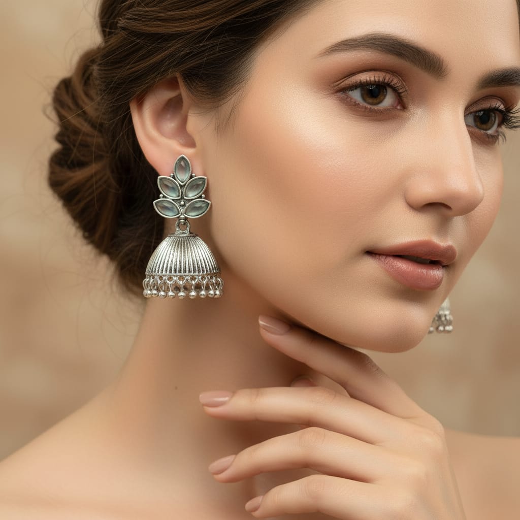 Oxidised Silver Jhumka Earrings with Aqua Marquise Lotus To