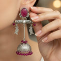 Oxidised Silver Ruby Bead Jhumka Earring