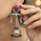 Oxidised Silver Ruby Bead Jhumka Earring