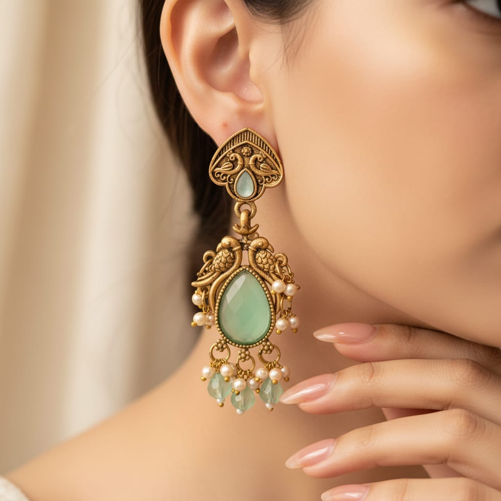 Pakshi Antique Gold Dangle Earrings with Mint Green Stone