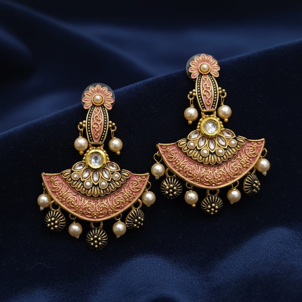 Peach Meenakari Kundan Chandbali Earrings with Pearl Drops