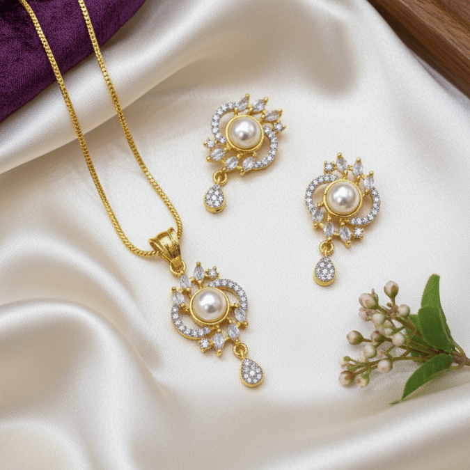 Pearl & CZ Chain Pendant Se
