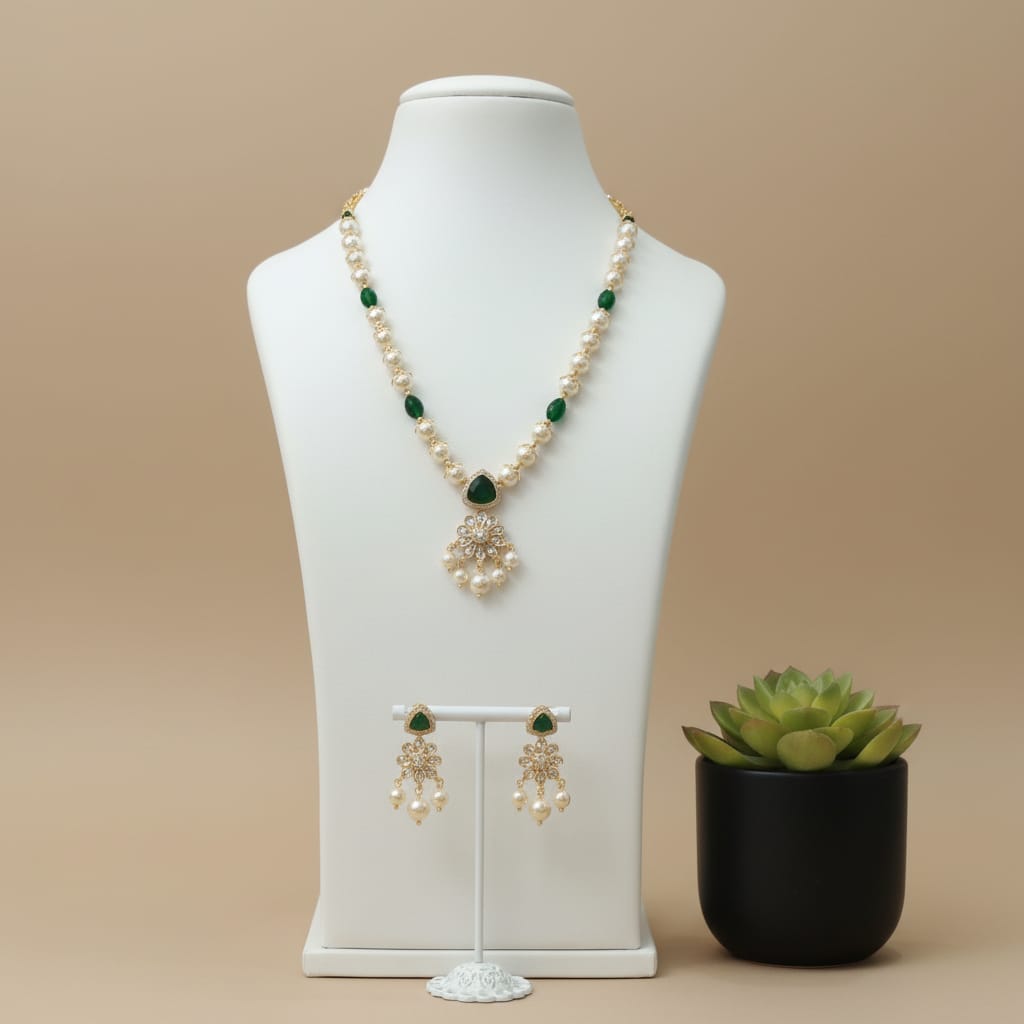 Pearl & CZ Floral Pendant Necklace Set with Earrings