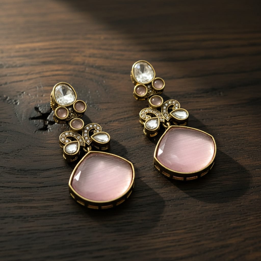 Polki CZ Butterfly Motif Stone Drop Earrings