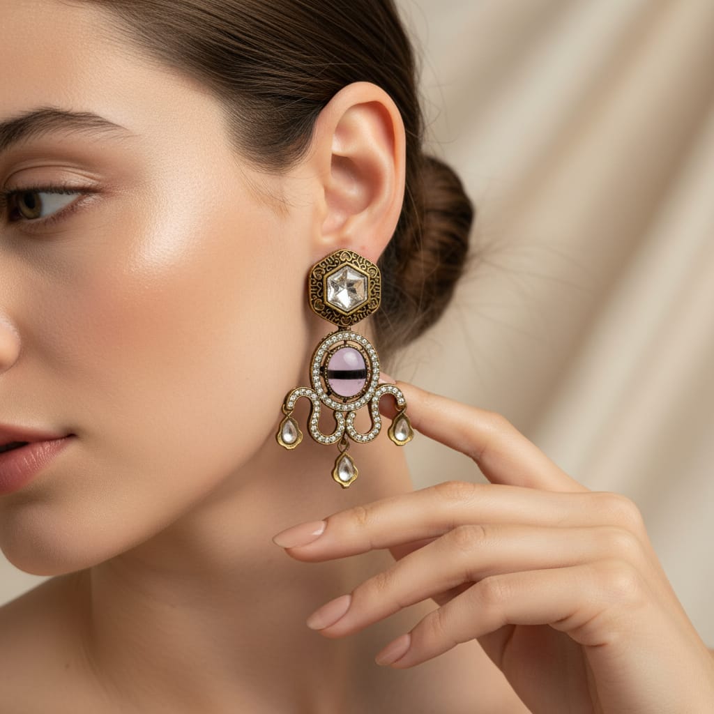 Polki Kundan Chandelier Earrings with Lavender Cabochon