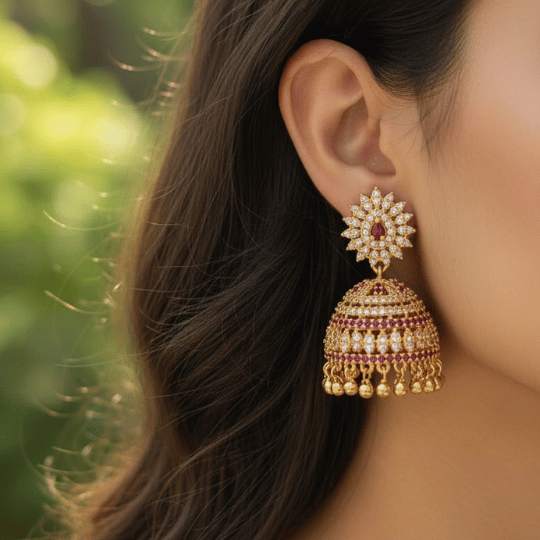 Gold Plated Big CZ Jhumka with Sunburst Stud