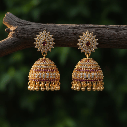 Gold Plated Big CZ Jhumka with Sunburst Stud