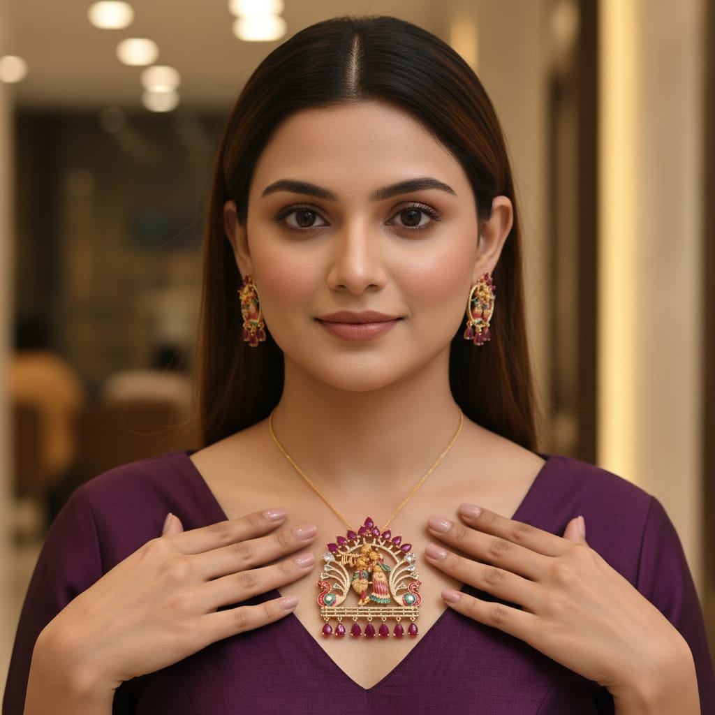 Radha Krishna CZ Chain Pendant Set with Earrings