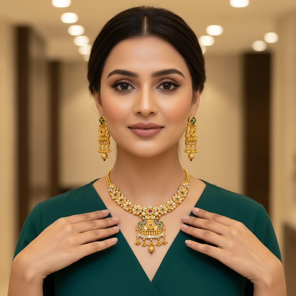 Rajwadi Antique Gold Nakshi Necklace Set