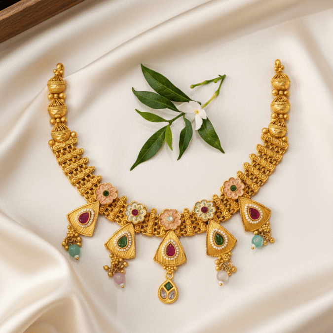 Rajwadi Antique Gold Triangle Drop Necklace Set 