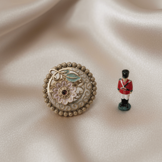 Rajwadi Carved Floral Disc Ring with Blush Pink Enamel, Amethyst & Teal Leaf