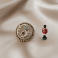 Rajwadi Carved Floral Disc Ring with Blush Pink Enamel, Amethyst & Teal Leaf