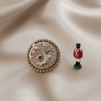 Rajwadi Carved Floral Disc Ring with Blush Pink Enamel, Amethyst & Teal Leaf