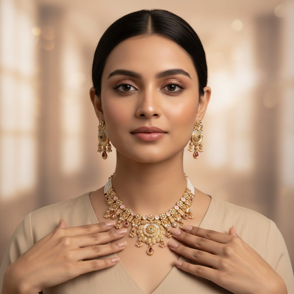 Rajwadi Chandbali Necklace Set with Earrings