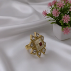 Rajwadi Geometric Polki Star Ring with Ruby Square Centre